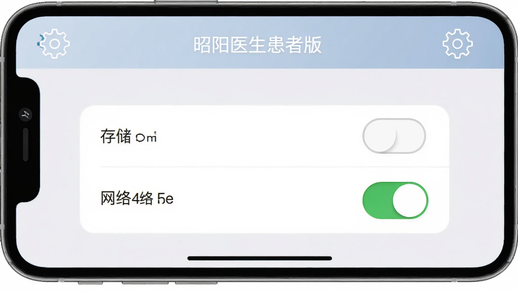 昭阳医生患者版安装与权限设置示意图,手机屏幕显示权限管理界面,包含存储和网络开关,背景为浅灰色设置菜单,布局清晰,风格扁平化,细节有齿轮图标,画质高清,干净,无多余元素