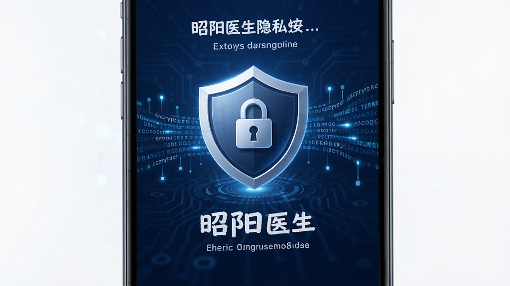 昭阳医生患者版隐私安全保护界面,手机屏幕显示盾牌图标和加密数据流,背景为深蓝色科技感纹理,布局突出安全主题,风格稳重可靠,细节有锁形符号,画质清晰,干净,无多余元素