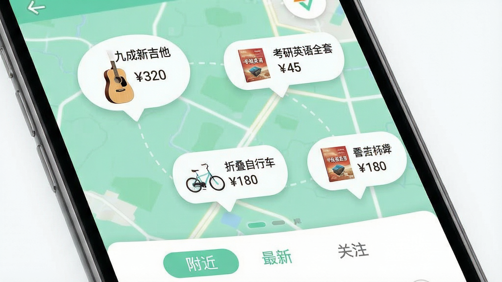 二手市场闲置交易应用内页展示附近好物推荐功能,手机屏幕中显示一张地图风格的背景,上面散布着多个带有商品小图的价格气泡,如
