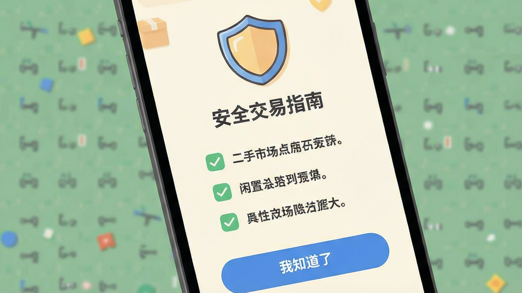 二手市场闲置交易应用的新手引导页面,手机屏幕中显示一个卡通风格的盾牌图标和