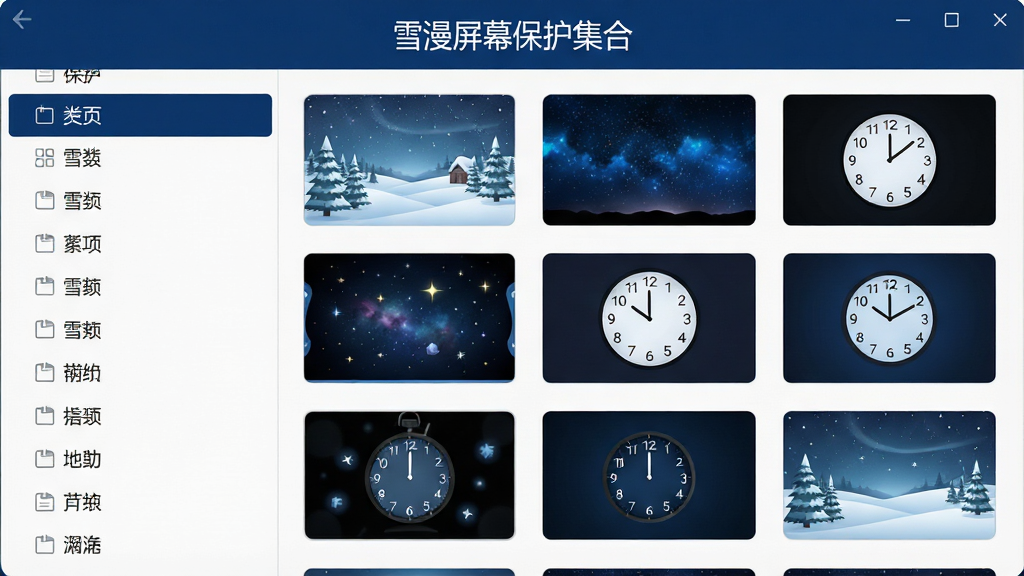 一张软件界面截图风格的概念图,画面主体是一个屏幕保护程序选择界面,左侧是分类列表,右侧是多个屏保缩略图预览网格,界面顶部有“雪漫屏幕保护集合”的文字标识。布局采用左右分栏设计。排版整洁有序。风格为现代扁平化UI设计。细节上,缩略图展示了雪景、星空、时钟等不同主题,界面配色以深蓝和白色为主。画质高清,干净,无多余元素