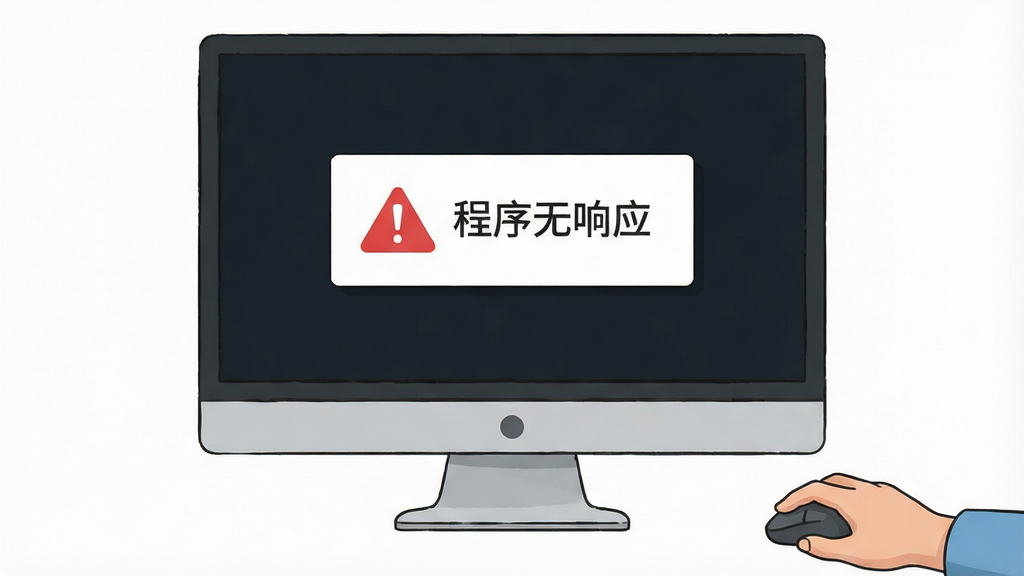 一张电脑屏幕出现错误提示的示意图,画面主体是一台显示器,屏幕上显示着一个带有感叹号的警告图标和“程序无响应”的文字,显示器旁边有一只手正在操作鼠标。布局采用正面视角。排版聚焦于屏幕内容。风格为问题解决类配图。细节上,屏幕背景是深色,错误提示框为白色,文字清晰可见。画质高清,干净,无多余元素