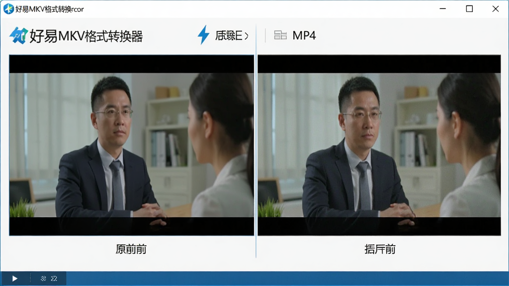 好易MKV格式转换器软件中展示高清视频转换效果的界面截图,画面中显示转换前后的画质对比,左侧为原始MKV视频画面,右侧为转换后MP4视频画面,两者清晰度一致,界面中有好易MKV格式转换器的标志,风格专业简洁,色调明亮,布局对称,细节清晰,画质高清,干净无多余元素