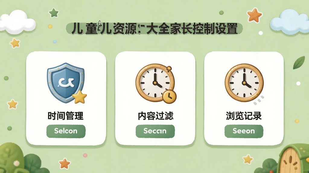 儿童资源大全家长控制设置界面,画面展示时间管理、内容过滤、浏览记录三个功能卡片,每个卡片配有盾牌或时钟图标,界面背景为浅绿色,风格稳重且带有童趣元素,画质清晰,无多余装饰。