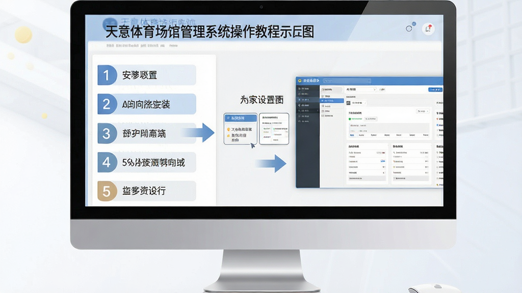一张展示天意体育场馆管理系统操作教程的示意图,画面主体为电脑屏幕上分步骤显示安装向导和设置界面,布局采用左侧步骤列表加右侧操作截图的排版,风格为清爽素雅的教学风,细节上步骤编号清晰、箭头引导明确,画质高清,干净,无多余元素