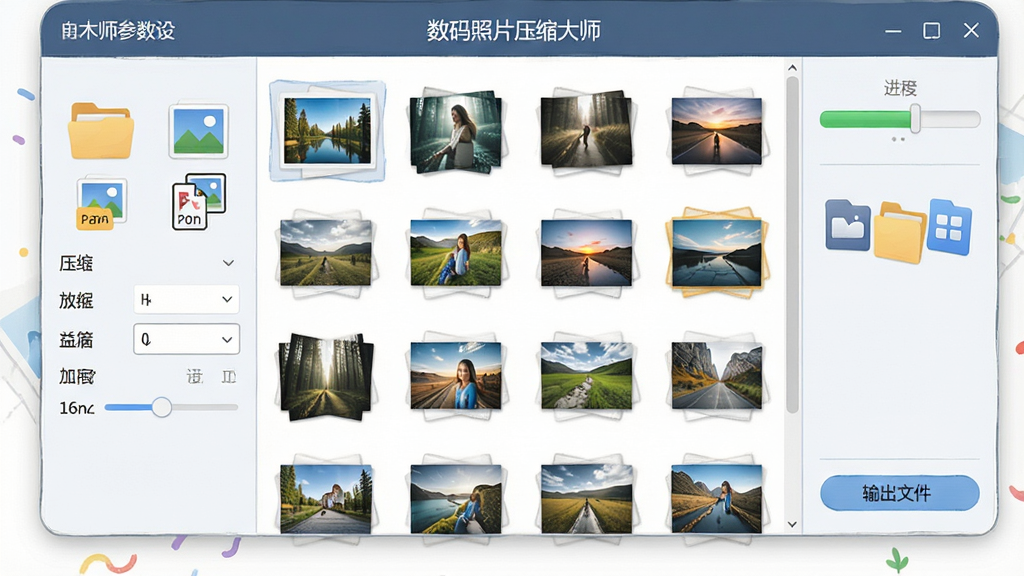 一张干净整洁的软件界面截图风格插画,画面中央是“数码照片压缩大师”的软件主窗口,窗口内展示多张数码照片缩略图排列整齐,左侧有压缩参数设置面板,右侧有进度条和输出文件夹按钮,整体布局清晰,排版简洁,风格为现代扁平化UI设计,细节包括文件夹图标、图片格式标签、压缩比例滑块,画质清晰,画面干净,无多余元素