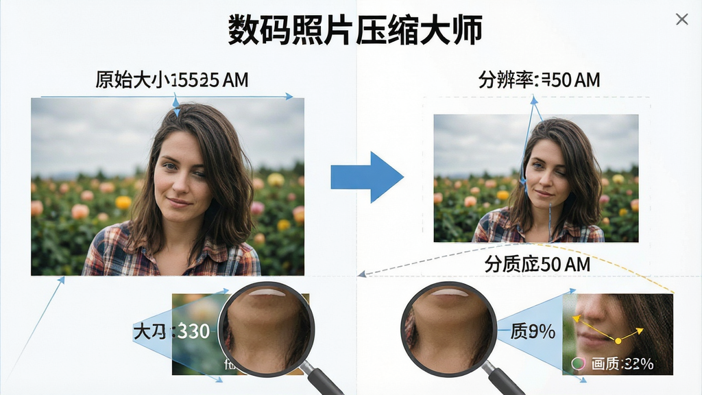 一张展示“数码照片压缩大师”压缩前后对比效果的示意图,画面中左侧是原始高像素照片显示文件大小较大,右侧是压缩后的照片显示文件大小明显减小,中间有箭头指向,画面下方有画质对比细节放大区域,整体布局为左右对比排版,风格为清晰直观的信息图风格,细节包括文件大小数值、分辨率标注、画质细节对比,画质清晰,画面干净,无多余元素