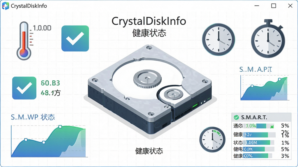 CrystalDiskInfo 软件主界面全貌,主体为一块正在运行的硬盘三维透视图,周围环绕温度计、健康状态勾选图标、通电时间时钟符号、S.M.A.R.T. 数据列表等元素,布局居中对称,排版清晰有序,风格为科技感扁平化插画,细节包含蓝色与绿色渐变的数据曲线、白色背景上的浅灰网格,画面中带文字