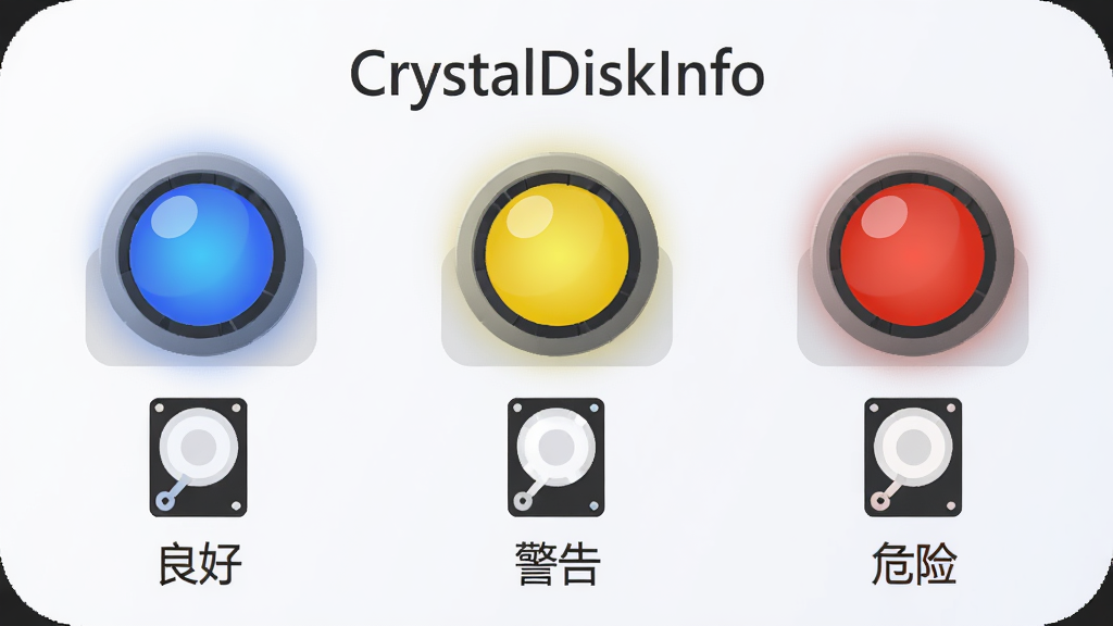 CrystalDiskInfo 健康状态指示灯概念图,主体为三盏并排的圆形指示灯,从左到右依次为蓝色、黄色、红色,每盏灯下方有对应的硬盘图标和简短文字标签,布局水平排列,排版简洁,风格为现代扁平化图标设计,细节包括柔和的发光效果、浅色背景、圆角矩形底座,画面中带文字