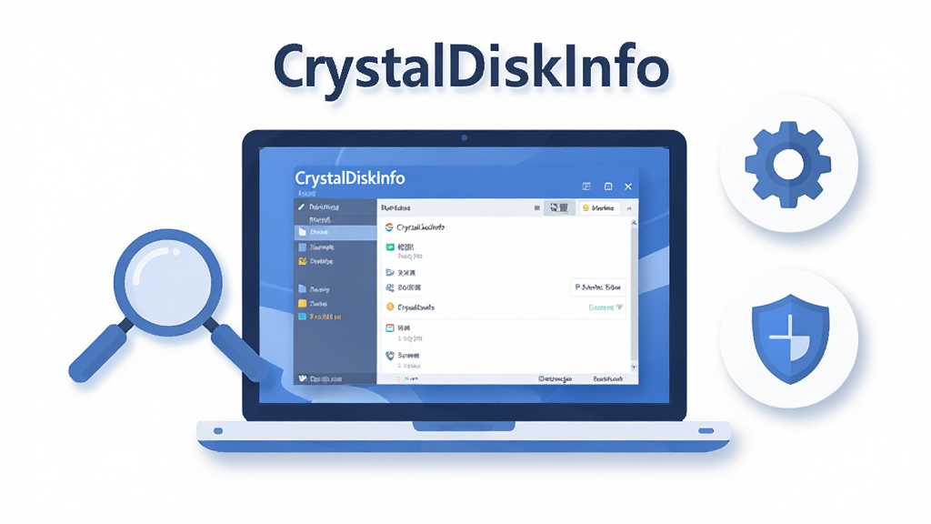 CrystalDiskInfo 使用技巧示意图,主体为一台笔记本电脑屏幕显示软件界面,屏幕旁边有放大镜、齿轮、盾牌三个图标,分别代表检测、设置、安全,布局为居中构图,排版清晰,风格为扁平化科技插画,细节包含蓝色主色调、白色背景、柔和的投影效果,画面中带文字