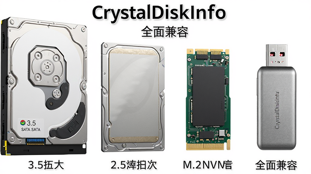 CrystalDiskInfo 多硬盘兼容性展示图,主体为四种不同形态的硬盘并排陈列,包括3.5英寸机械硬盘、2.5英寸SATA固态硬盘、M.2 NVMe固态硬盘和USB移动硬盘,每种硬盘下方有对应的接口标识,布局为横向排列,排版整齐,风格为写实产品渲染图,细节包含金属外壳反光、电路板纹理、接口金手指,画面中带文字