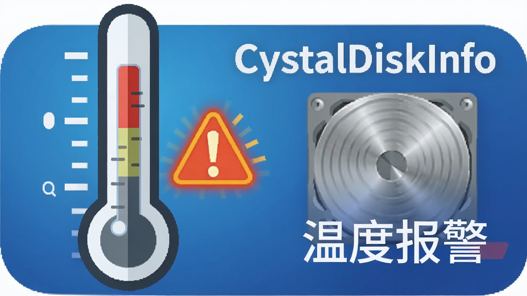 CrystalDiskInfo 温度监控功能示意图,主体为一个温度计与硬盘的组合图标,温度计水银柱上升至警戒区域,旁边有闪烁的警告三角标志,布局为左右结构,排版紧凑,风格为简洁的扁平化信息图,细节包含蓝色渐变背景、白色温度刻度线、硬盘金属质感纹理,画面中带文字