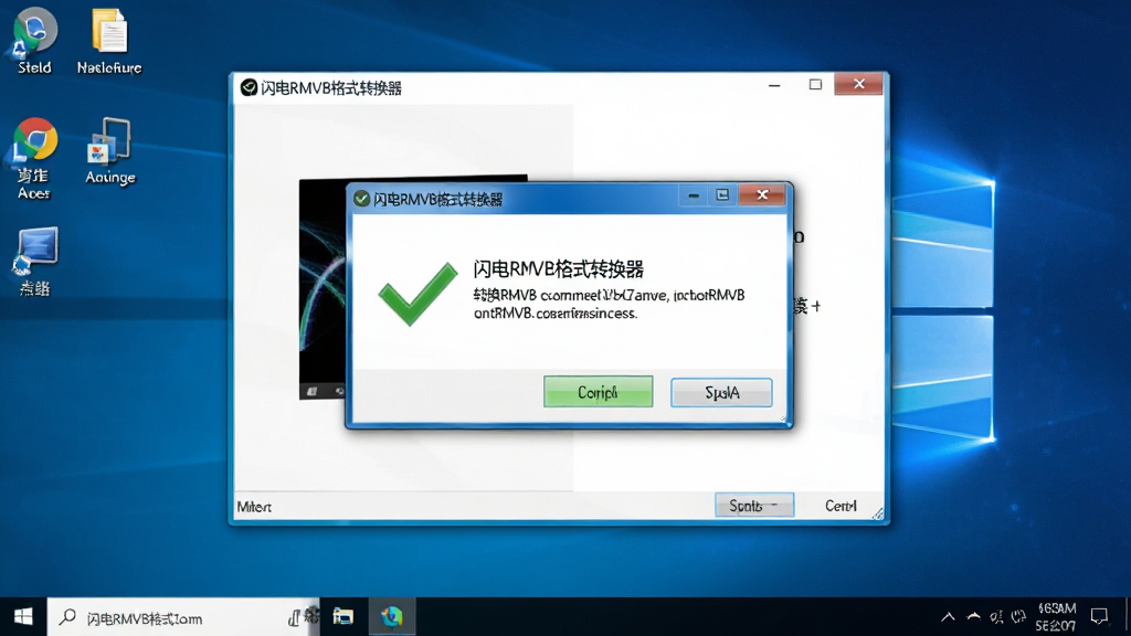 一张展示闪电RMVB格式转换器在Windows电脑上稳定运行的图片,主体为软件主界面与转换完成的提示窗口,布局为屏幕中央显示成功提示、背景为整洁的桌面,排版为居中构图,风格为真实软件截图风格,细节包括“闪电RMVB格式转换器”标题栏和绿色完成对勾图标,画质高清、干净、无多余元素