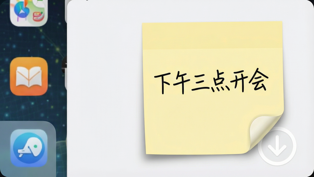 一张展示Sticker桌面便签贴附在桌面右下角的特写图,主体是一张浅黄色便签纸,上面用黑色手写体写着“下午三点开会”,便签旁边有半透明的贴边隐藏箭头图标,布局为便签占据画面右侧三分之一,左侧露出部分桌面图标,风格为清新简约的UI界面截图风,细节包含便签阴影和圆角,画质干净清晰,无多余元素