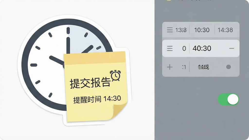 一张Sticker桌面便签的提醒设置界面截图,主体是一个圆形时钟图标和便签纸组合,便签上写着“提交报告”,旁边有闹钟图标和“提醒时间 14:30”的文字,布局为左侧便签右侧设置面板,风格为扁平化软件界面,细节包含时间选择器和开关按钮,画质清晰,画面干净,无多余元素