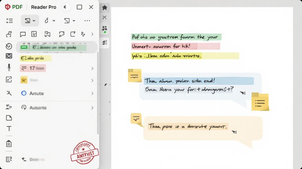 ����ΪPDF Reader Proע�͹��������ĵ���עЧ��������Ϊ��๤������Ҳ��ĵ�ҳ�棬�Ű�չʾ�����������ǩͼ�꣬���Ϊ��ƽ���칫��ƣ�ϸ�ڰ�����ɫ����������ע���ݡ�ͼ�¹��ߣ�����Ϊ����ɾ��޶���Ԫ��
