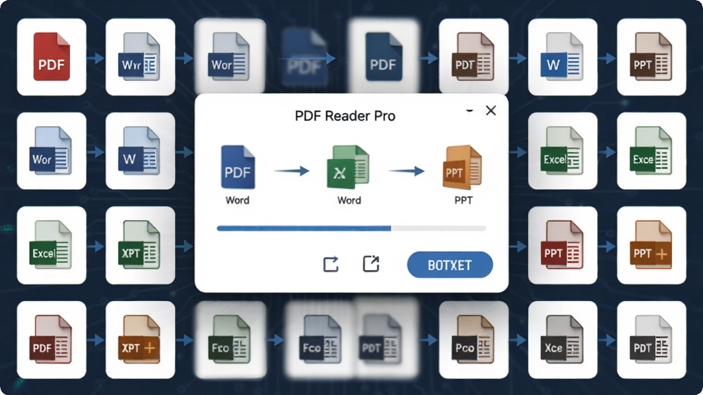 ����ΪPDF Reader Pro��ʽת�����ܽ��棬����Ϊ����ת���Ի���Ӹ�ʽͼ�����У��Ű�չʾPDFָ��Word��Excel��PPT�ļ�ͷ���̣����Ϊ�Ƽ����磬ϸ�ڰ����ļ�ͼ�ꡢ������������������ť������Ϊ����ɾ��޶���Ԫ��