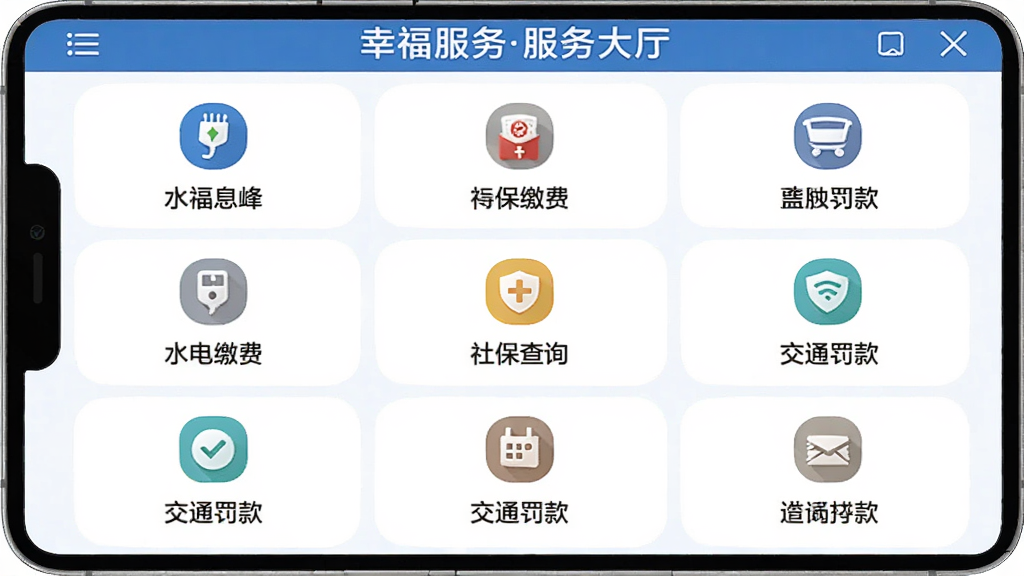 һ�ű��������չʾͼ���������Ҹ�Ϣ��APP�������ҳ�棬����Ϊ�Ź���ͼ�����У����������ϸ�ڰ���ˮ��ú�ɷѡ��籣��ѯ����ͨ�����ͼ�꼰����˵�������ʸ���ɾ��޶���Ԫ��
