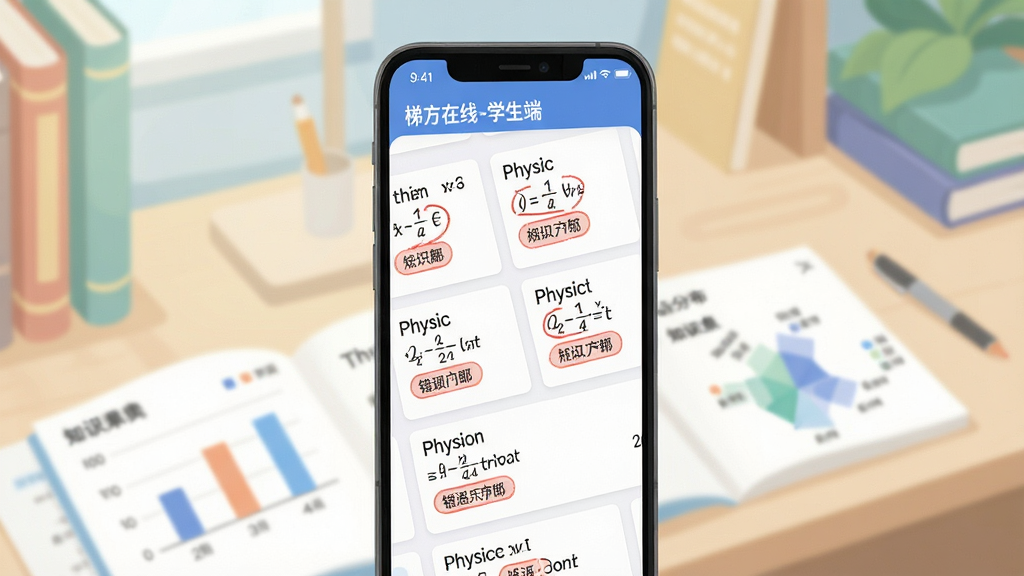 一幅展示智能错题本功能的AI生图,画面主体是一个手机屏幕,屏幕上显示“梯方在线-学生端”的错题本界面,界面内排列着数学、物理等科目的错题卡片,每张卡片上有红色标记和知识点标签,背景是柔和的书桌一角,风格为清新扁平化UI插画,细节包括统计图表和知识点分布图,画质高清,画面干净,无多余元素