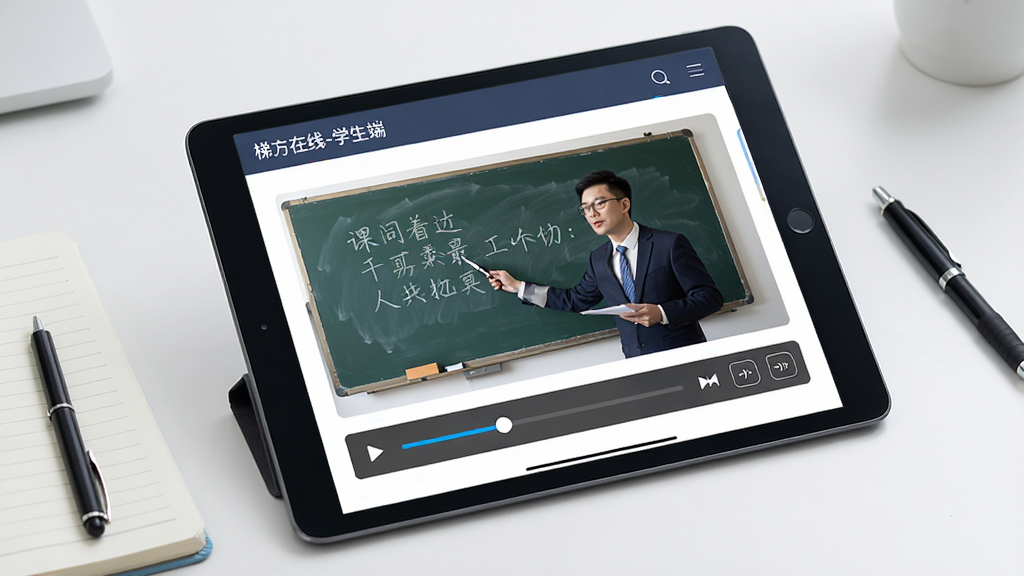 一张展示课程回放功能的图片,主体是一个平板电脑,屏幕上显示“梯方在线-学生端”的课程回放列表,视频画面暂停在老师讲题的一刻,视频下方有播放进度条和倍速按钮,平板放在书桌上,旁边有笔记本和笔,风格为写实数码产品摄影,布局简洁,细节清晰,画质明亮,画面干净,无多余元素