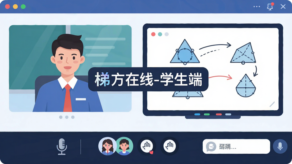 一幅在线直播课堂的AI生图,画面主体是一个虚拟教室界面,屏幕中央写着“梯方在线-学生端”的Logo,界面左侧是老师的视频画面,右侧是电子白板上的几何图形讲解,下方有学生头像和举手图标,布局清晰,风格为科技感扁平插画,细节包括麦克风图标、聊天框,画质高清,画面干净,无多余元素