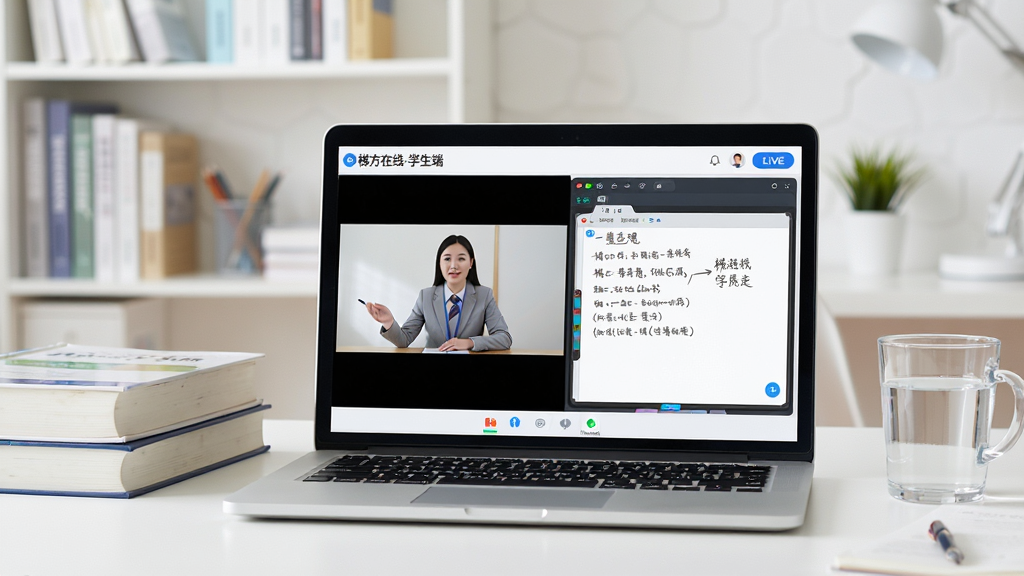 一张展示在线教育场景的图片,画面中央是一台打开的笔记本电脑,屏幕上显示着“梯方在线-学生端”的直播课程界面,界面内有老师正在讲课的视频窗口和电子白板,电脑旁边放着几本教科书和一杯水,背景是明亮整洁的书房环境,风格为写实摄影,细节丰富,画质清晰,画面干净,无多余元素