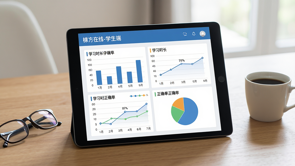 一张展示学习数据报告的图片,主体是一台平板电脑,屏幕上显示“梯方在线-学生端”的学习报告页面,页面内有柱状图、折线图和饼图,分别展示不同科目的学习时长和正确率,平板放置在木质桌面上,旁边有眼镜和咖啡杯,风格为商务简约摄影,布局居中,细节丰富,画质清晰,画面干净,无多余元素