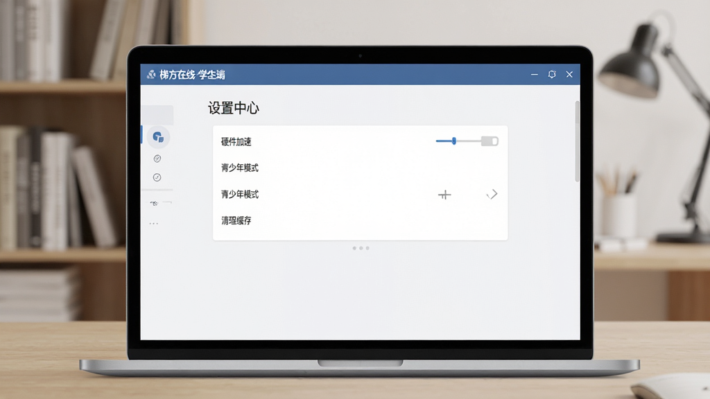 一张展示软件设置界面的图片,主体是笔记本电脑屏幕,屏幕上显示“梯方在线-学生端”的设置中心页面,页面内有“硬件加速”、“青少年模式”、“清理缓存”等选项,界面风格简洁,背景为虚化的书房环境,画质清晰,画面干净,无多余元素