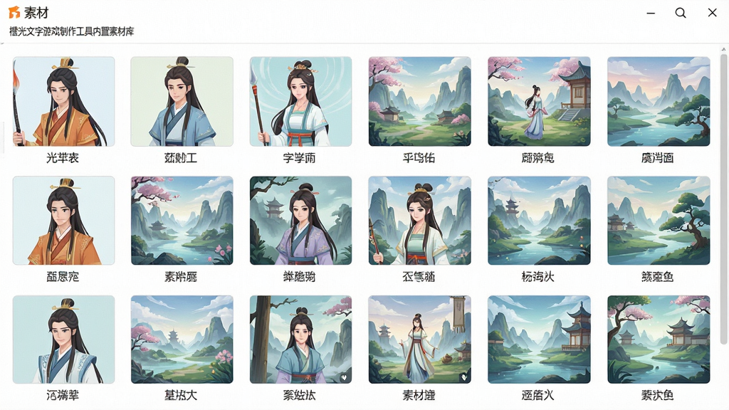 一张展示橙光文字游戏制作工具内置素材库的图片,画面主体为素材选择面板,面板内整齐排列着多张不同风格的古风人物立绘和唯美场景背景图。布局采用网格状排列,风格为清新明亮的扁平化设计,细节上素材缩略图下方带有名称标签,背景为纯白色。画质高清,干净,无多余元素。