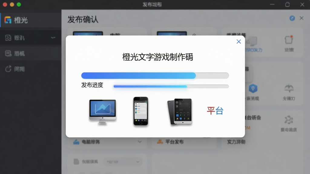一张展示橙光文字游戏制作工具一键发布功能的图片,画面主体为软件发布确认弹窗,弹窗中显示着发布进度条和多个平台图标(电脑、手机、平板)。布局采用居中构图,风格为现代商务简约风,细节上进度条呈现渐变蓝色,图标带有微立体阴影。画质高清,干净,无多余元素。