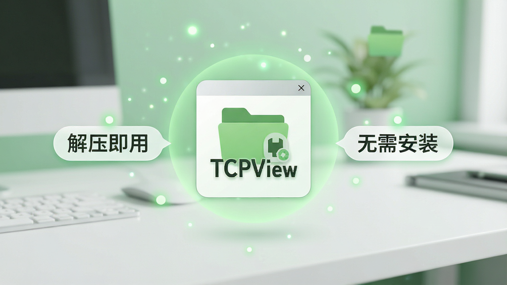 一幅展示TCPView绿色免安装特性的概念图,画面中是一个小巧的软件图标漂浮在干净的桌面上,周围有