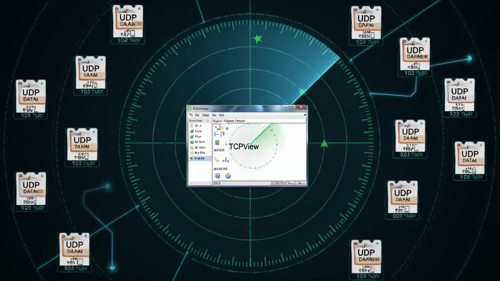 一幅表现TCPView监控UDP端点的概念图,画面中有一个雷达扫描的圆形区域,周围散布着多个UDP数据包图标,中心是TCPView软件窗口,布局为圆形放射状,风格为科技雷达风格,细节包括数据包标签、扫描线、端口数字,画质清晰,干净无多余元素,画面中可包含文字