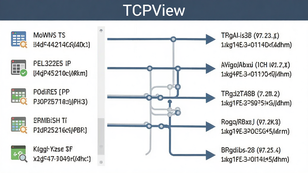 一幅展示TCPView进程与网络端点对应关系的示意图风格图片,画面左侧是进程图标列表,右侧是网络连接线条指向远程地址,中间用箭头连接,布局为左右分栏结构,风格为扁平化信息图,细节包括进程名称标签、端口号、IP地址、连接线,画质清晰,干净整洁,画面中可包含文字