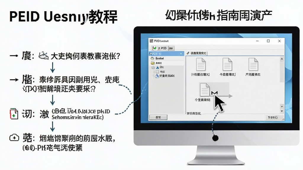 一张展示PEID使用指南的示意图,画面中电脑屏幕上显示PEID软件界面,旁边有操作步骤的文字标注,主体为软件窗口与拖拽文件的动作,布局左侧为教程文字,右侧为软件截图,风格为教学演示风格,细节包含鼠标指针与文件图标,画质清晰,干净,无多余元素