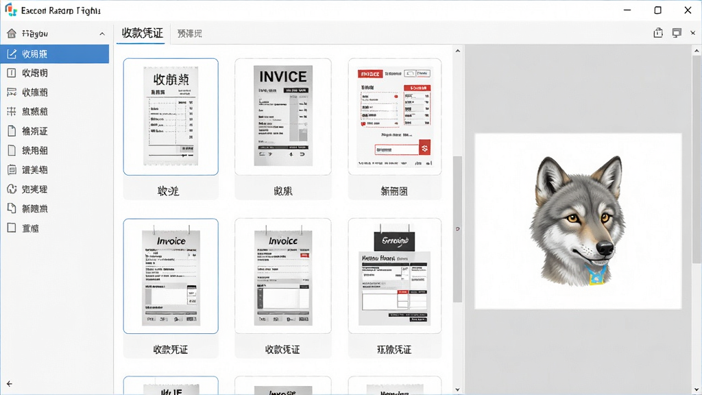 一张展示小灰狼普通收据发票打印软件模板选择界面的图片,画面中显示多个票据模板缩略图,包括收据、发票、收款凭证等,每个缩略图下方有模板名称,界面左侧有分类导航,右侧为预览区域,风格为清爽的办公软件界面,排版整齐,画质高清,干净,无多余元素