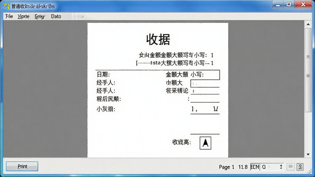 一张展示小灰狼普通收据发票打印软件打印预览界面的图片,画面中显示一张填写完整的收据预览,包含标题“收据”、金额大写与小写、日期、经手人等字段,预览窗口下方有打印按钮和页码信息,风格为典型的Windows打印预览界面,排版规整,画质清晰,干净,无多余元素