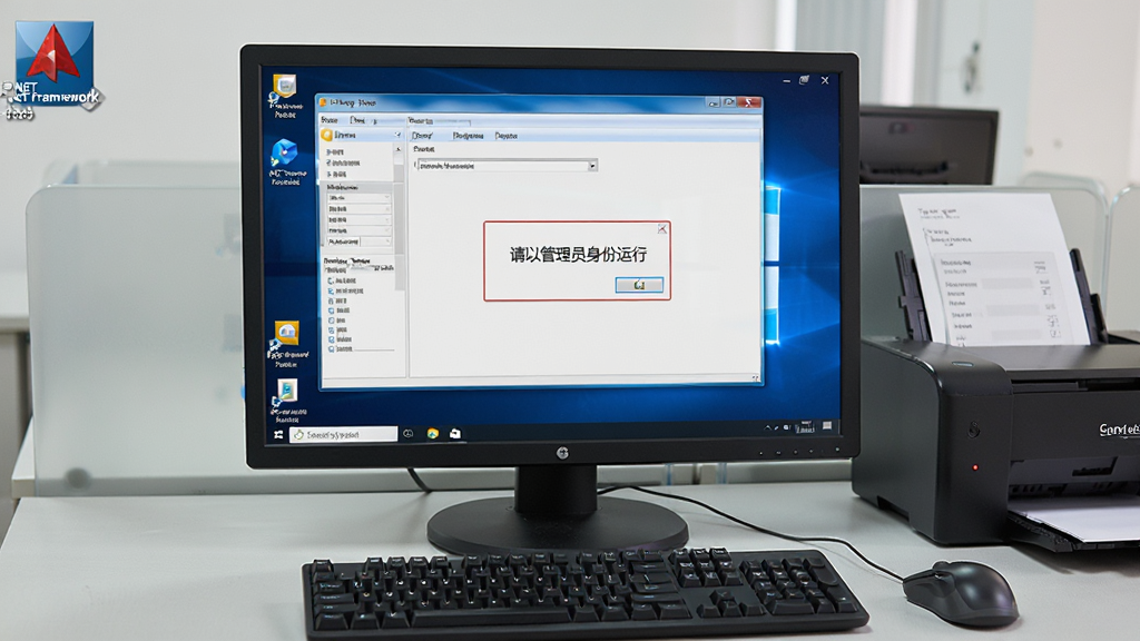 一张展示小灰狼普通收据发票打印软件在Windows电脑上运行时的故障排查场景图片,画面中电脑屏幕显示软件界面,旁边有提示框写着“请以管理员身份运行”,桌面上有.NET Framework安装图标,风格为写实办公场景,细节包括键盘、鼠标、打印机,画质高清,干净,无多余元素