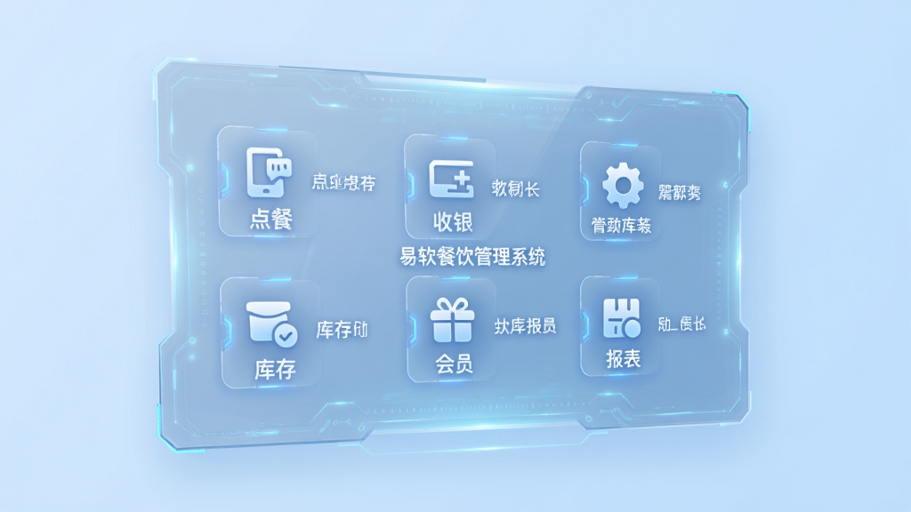 易软餐饮管理系统功能模块展示,主体为一块悬浮在浅蓝色背景上的半透明科技感面板,面板上排列着点餐、收银、库存、会员、报表五个功能图标,布局为上下两行错落排列,排版整齐有序,风格为现代科技感UI设计,细节包含图标旁的简短文字标签“易软餐饮管理系统”,画质高清,画面干净无多余元素