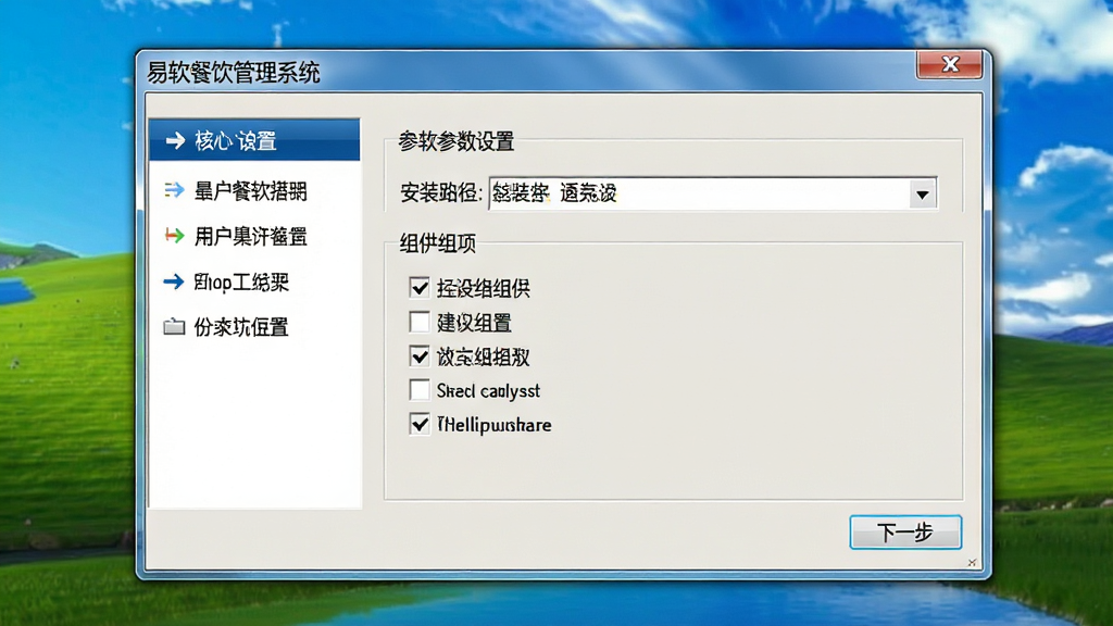 易软餐饮管理系统安装设置界面截图,主体为电脑屏幕显示的软件安装向导窗口,布局为左侧步骤导航条、右侧参数设置区域,排版清晰,风格为Windows经典安装界面,细节包含“易软餐饮管理系统”标题文字、安装路径选择框、组件勾选项、下一步按钮,画质高清,界面文字清晰可辨,画面干净无多余元素