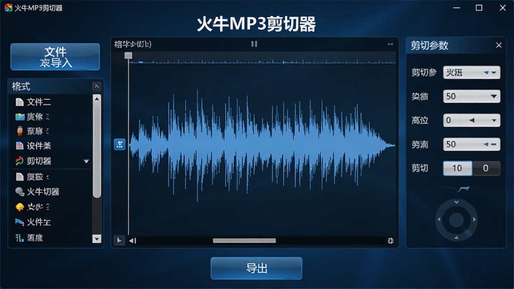 火牛MP3剪切器软件主界面截图,中央展示音频波形编辑区,左侧为文件导入按钮与格式列表,右侧为剪切参数设置面板,底部为导出按钮,整体采用深色与蓝色渐变风格,界面干净整洁,文字清晰标注“火牛MP3剪切器”,画质高清,无多余元素