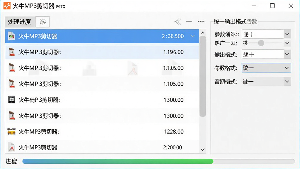 火牛MP3剪切器批量处理面板,界面中列出多个音频文件条目,每个条目显示文件名与时长,右侧有统一输出格式与参数设置选项,底部进度条显示处理进度,整体布局整齐,带有“火牛MP3剪切器”文字标识,风格现代简约,画质清晰