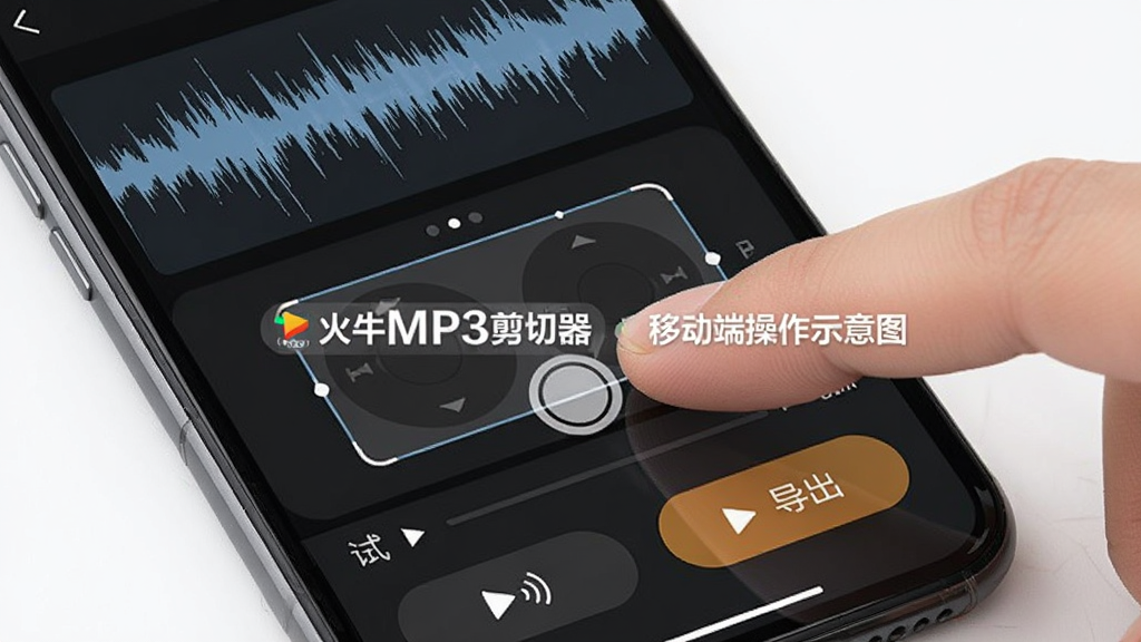 火牛MP3剪切器移动端操作示意图,手机屏幕显示音频波形与触控选区,手指正在拖拽选区边缘,界面底部有试听与导出按钮,画面带有“火牛MP3剪切器”水印标识,风格清爽,画质干净