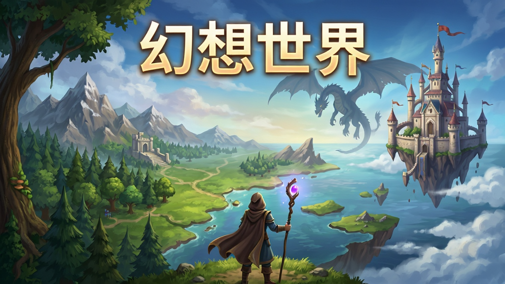 一款名为“幻想世界”的奇幻角色扮演游戏主视觉画面,画面中央是广阔的大陆全景,左侧有森林与山脉,右侧是漂浮的天空城堡,远处有巨龙剪影,近处有手持法杖的冒险者背影,画面顶部用发光字体写“幻想世界”四个字,整体风格为高清数字插画,色彩丰富,构图大气,画质干净,无多余元素