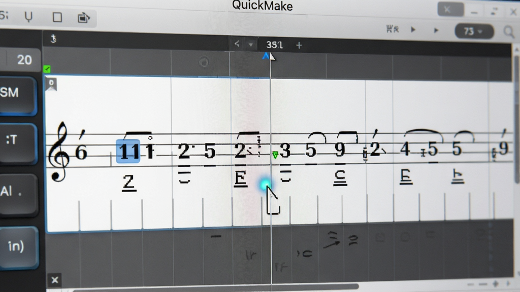 QuickMake简谱软件快速音符输入功能展示,主体为电脑屏幕中简谱编辑区正在输入数字音符的特写,布局以中央乐谱行为核心,排版上音符从左到右依次排列,风格为软件界面写实风格,细节包含键盘按键高亮、光标位置指示、音符时值下划线,画质高清,干净,无多余元素