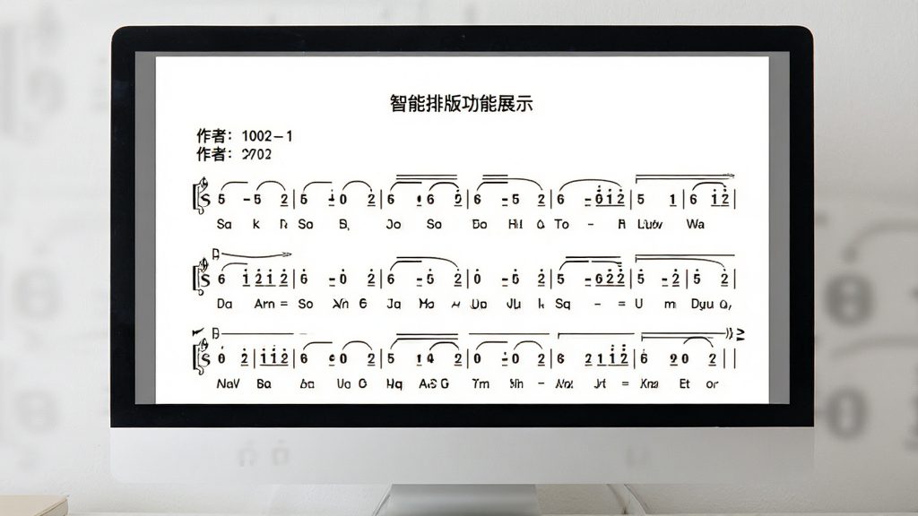 QuickMake简谱软件智能排版功能展示,主体为电脑屏幕中一页排版整齐的简谱页面,布局包含标题、作者信息、多行简谱与对应歌词,排版规整对齐,风格为文档排版写实风格,细节包含小节线、连音线、反复记号,画质高清,干净,无多余元素