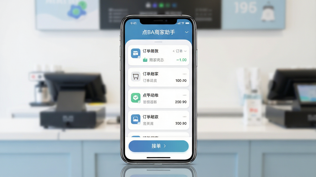 一张展示手机屏幕的图片,屏幕中央显示“点BA商家助手”应用主界面,界面包含订单列表和接单按钮,背景是简洁的店铺柜台场景,布局为中心对称构图,风格为现代扁平化设计,细节包括手机边框的反光和界面图标的圆角处理,画质为高清1080p,画面干净,无多余元素