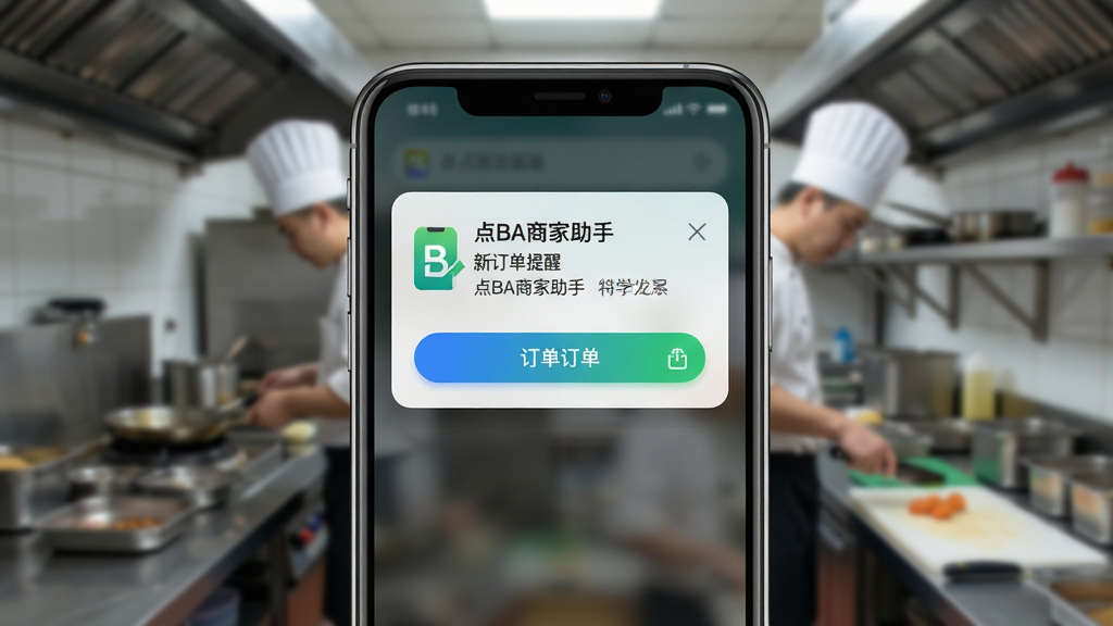 一张展示手机弹出订单通知的图片,画面主体是一部智能手机,屏幕上方显示“点BA商家助手”新订单提醒弹窗,布局为手机居中放置,背景是模糊的店铺后厨场景,风格为写实科技风,细节包括通知卡片的阴影和按钮的高亮效果,画质为高清1080p,画面干净,无多余元素