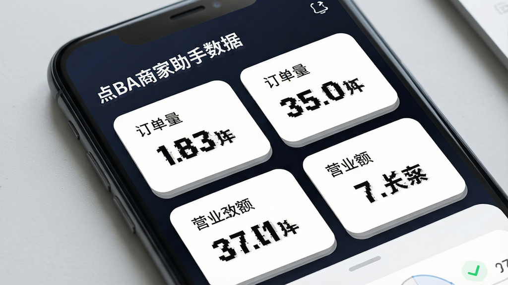 一张展示手机屏幕上数据概览卡片的图片,画面主体是“点BA商家助手”的数据面板,包含订单量和营业额数字,布局为上下排列的卡片式设计,背景是简洁的浅灰色桌面,风格为清新商务风,细节包括数字的加粗字体和卡片的圆角阴影,画质为高清1080p,画面干净,无多余元素