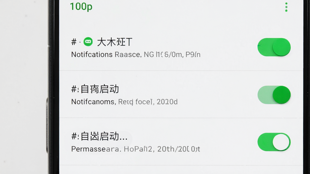 一张展示手机设置界面的图片,画面主体是安卓手机的权限管理页面,显示通知和自启动开关,布局为纵向列表,背景是简洁的白色设置背景,风格为极简科技风,细节包括开关的绿色高亮和文字说明,画质为高清1080p,画面干净,无多余元素