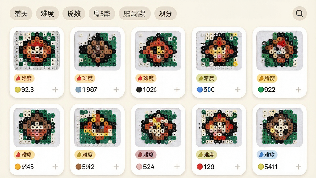 一张展示拼豆岛App图纸库页面的图片,画面中整齐排列着各种拼豆图纸卡片,每张卡片上有缩略图、难度标签和所需色数,背景为浅色,风格简洁明快,细节包括卡片圆角、分类标签栏、搜索图标,画质清晰,干净,无多余元素